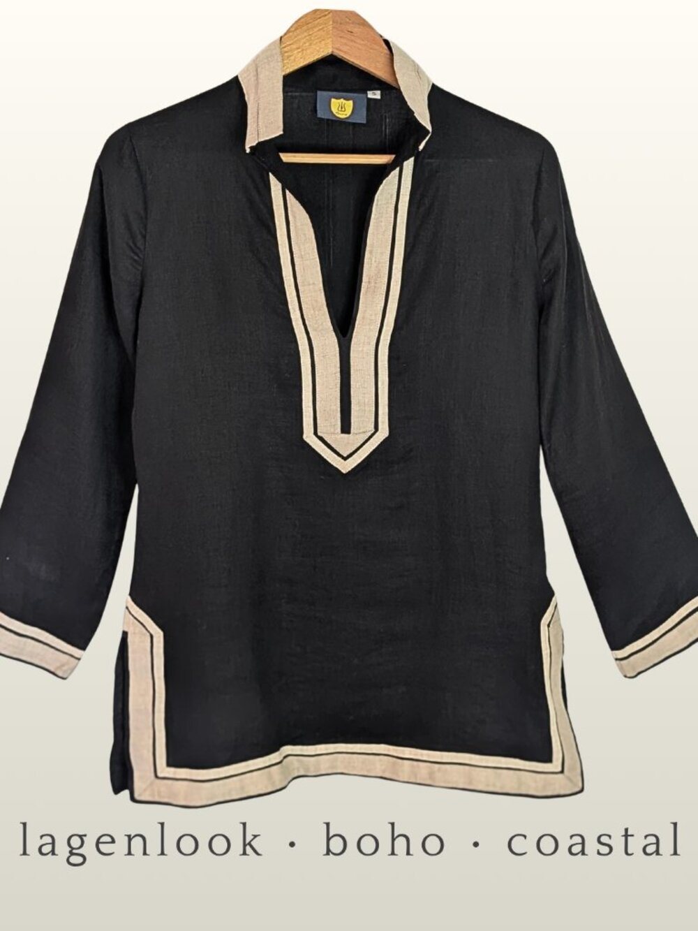 Black European Linen Tunic Beige Trim Guru Lagenlook Boho Coastal Relaxed Fit S